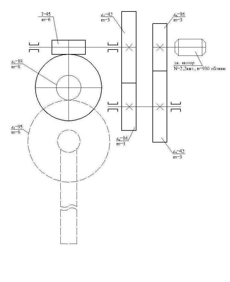 Кинематическая схема редуктора для поворотного крана КПБ-3М, 8КП-2, 12КП3У